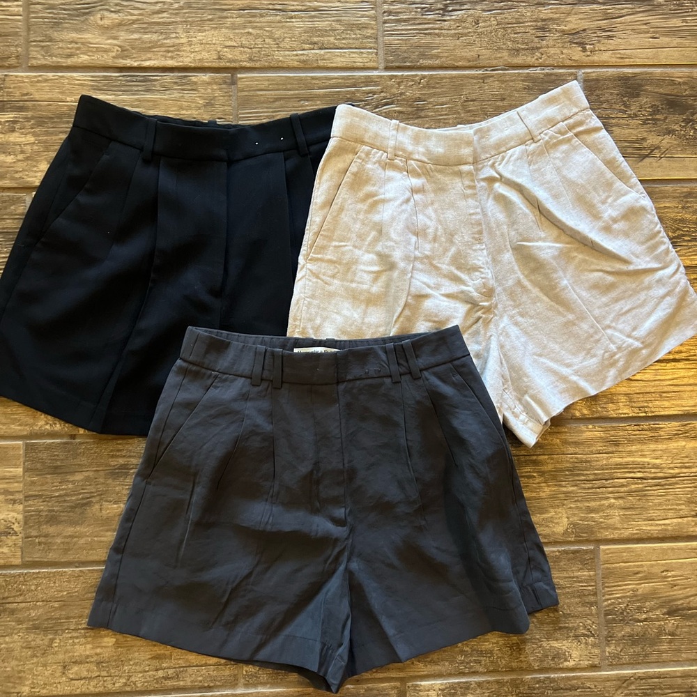 Women’s High-Rise Pleated Linen-Blend Shorts — Black, Navy, Cream
